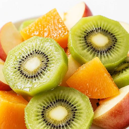 Close-up photograph of vibrant kiwi slices, orange wedges, and red apple pieces, showcasing their juicy textures and colorful patterns.