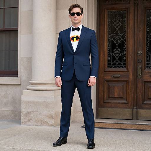 Man in Formal Suit with Incredibles Costume Tee