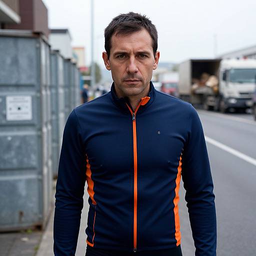Photograph of a serious-looking middle-aged man with short brown hair, wearing a navy and orange zip-up athletic jacket, standing on a street beside a