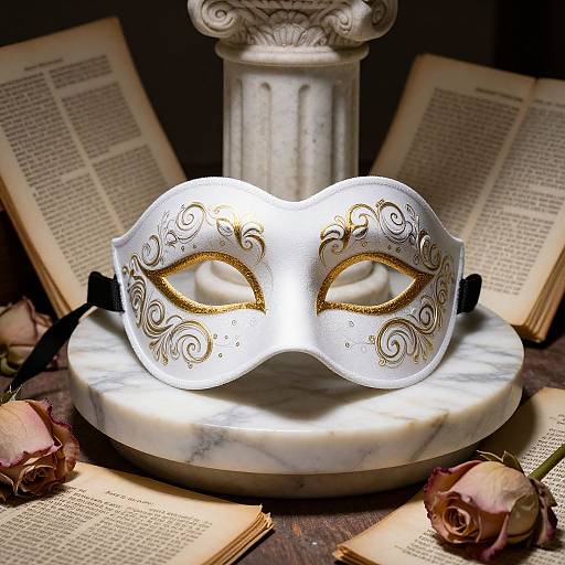 Photograph of a white, ornate masquerade mask with gold swirls, centered on a marble pedestal, surrounded by open books and rose petals