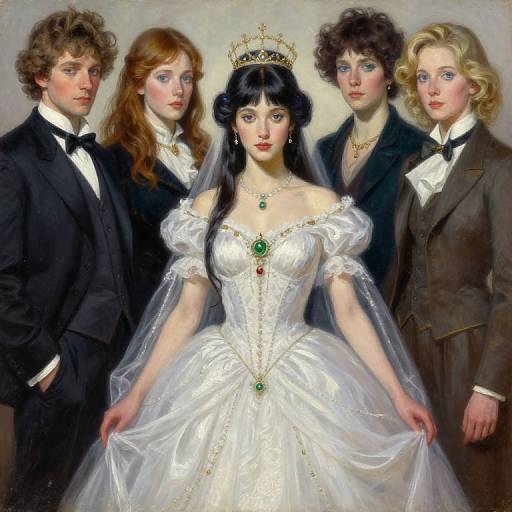 Digital painting of a royal family: a black-haired queen in a white gown with green jewels, flanked by four men in black tuxedos