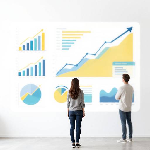 Photograph of a woman and man standing, facing colorful business graphs on a white wall; both wear casual attire, with the woman on the left and