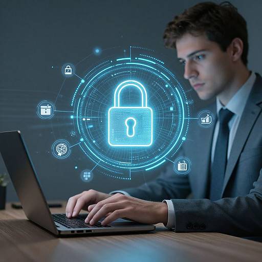 Photograph of a focused, young Caucasian man in a gray suit, white shirt, and black tie, typing on a laptop, with a glowing,
