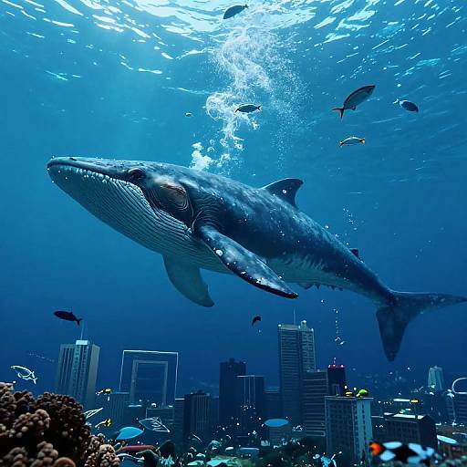 Photograph of a large, blue-gray whale shark swimming above an underwater cityscape with skyscrapers, coral reefs, and various colorful fish. Sun