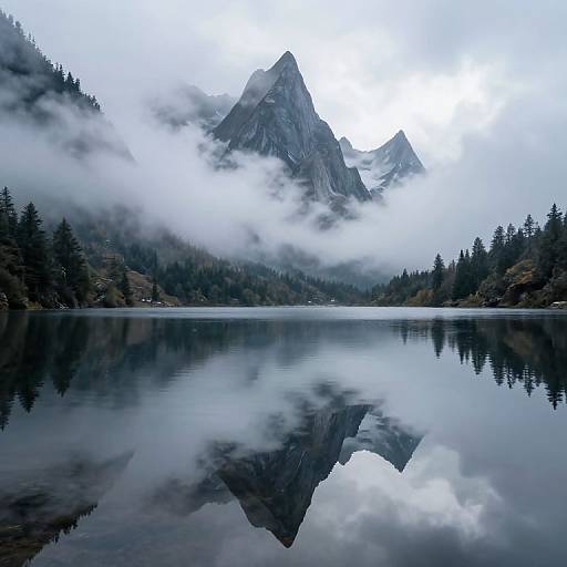 Photograph of a serene mountain lake with reflective water, surrounded by mist-covered pine trees, and mirrored peaks under a cloudy sky.