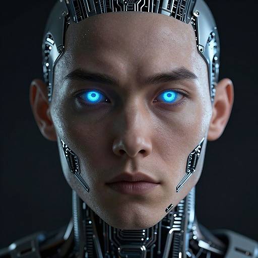 Digital CGI image of a cybernetic human with glowing blue eyes, exposed circuitry, and a metallic head, set against a dark background.