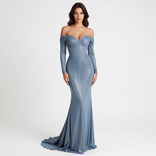 Photograph of a curvy woman with dark hair wearing an off-the-shoulder, shimmering blue evening gown with long sleeves and a flowing train