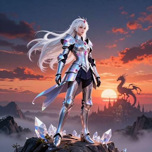 CGI fantasy image: White-haired female warrior in silver armor stands on rocky cliff with glowing crystals, sunset sky, and dragon in background.
