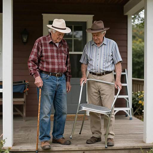 Two Elderly Men on Porch with Cane and Chair