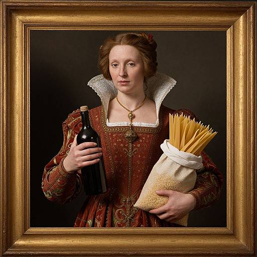 Renaissance-style oil painting of a woman in ornate red dress with white ruff, holding a bottle and sack of fries, framed in gold