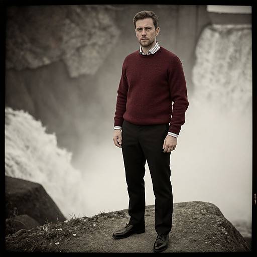 Photograph of a serious-looking man in a maroon sweater, white collared shirt, black pants, and black shoes, standing on a rocky ledge