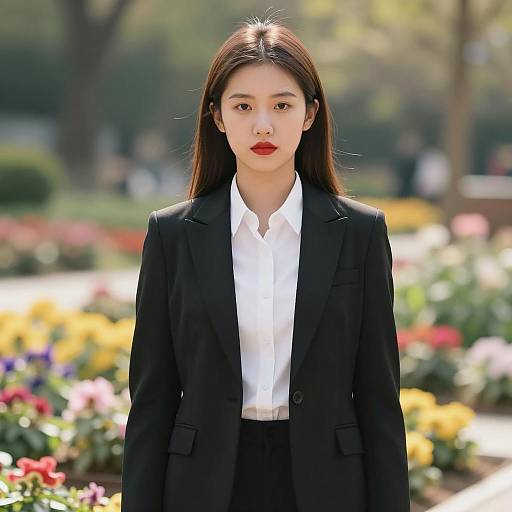 Young Asian Woman in Black Suit Outdoors