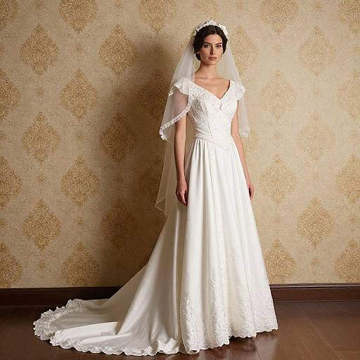 Photograph of a slender, fair-skinned woman with dark hair wearing a white lace wedding gown and veil, standing against a vintage patterned wallpaper.