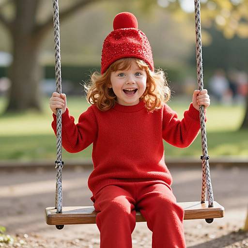 Photograph of a smiling young girl with curly red hair, wearing a red knit hat, sweater, and pants, sitting on a wooden swing with silver