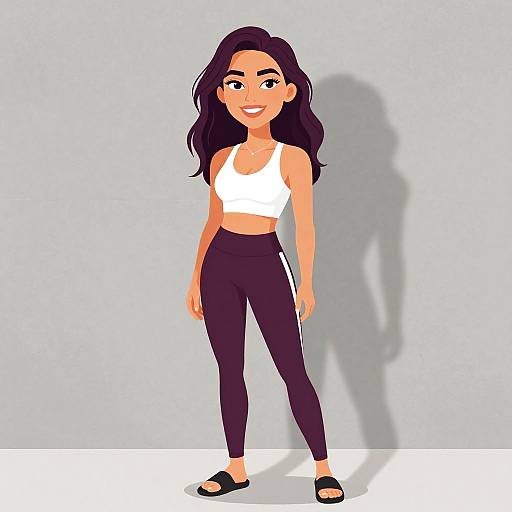 Digital illustration of a smiling woman with long dark hair, wearing a white crop top, black leggings, and black sandals, casting a shadow on a light