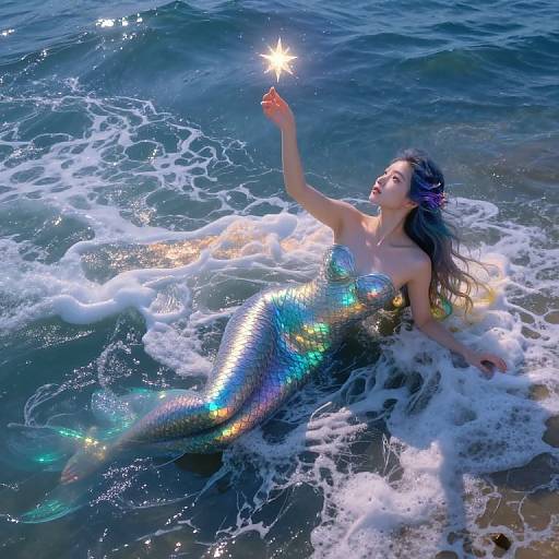 Photograph of a mermaid with a shimmering, iridescent tail, lying in ocean waves, holding a glowing star in her right hand.