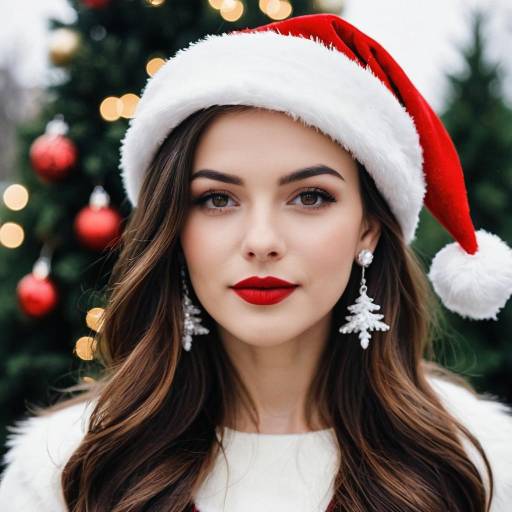 Young Woman in Santa Hat with Christmas Tree Background