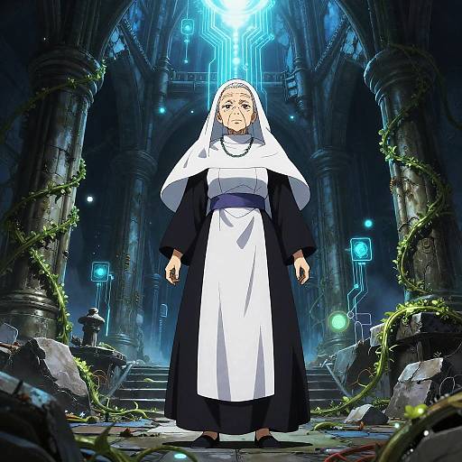 Cyborg Priestess Amid Biotech Cathedral Bloom