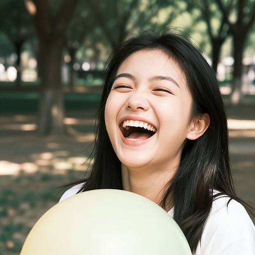 Photograph of a smiling Asian woman with long black hair, eyes closed, holding a yellow balloon in a sunlit park.