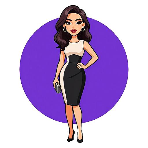 Cartoon-style illustration of a confident woman with long black hair, wearing a black and white sleeveless dress, holding a phone, against a purple circle