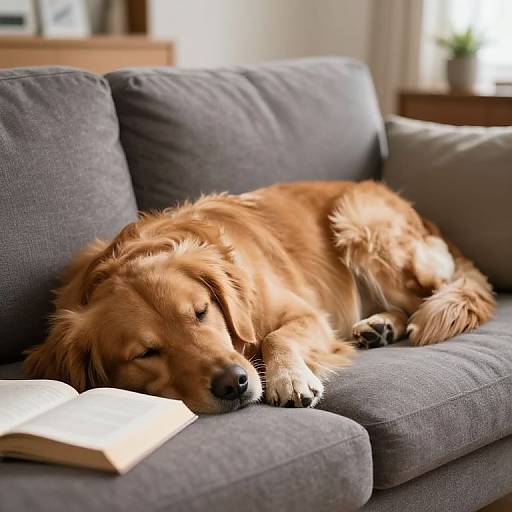 Golden retriever sleeping peacefully on a gray couch with an open book in front, sunlight streaming in from the background.