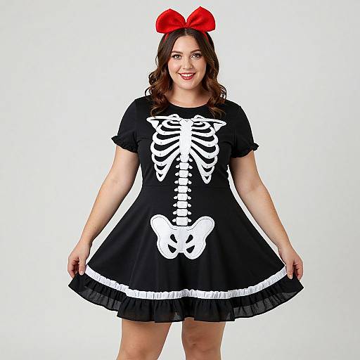 Photograph of a smiling woman with fair skin and brown hair, wearing a black skeleton dress with white accents, a red bow, and black ruffled