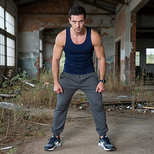 Photograph of a muscular man with short black hair, wearing a black tank top, gray pants, and blue sneakers, standing in a dilapidated