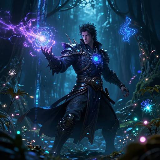 Digital fantasy artwork of a muscular, dark-haired man in intricate, glowing blue and black armor, conjuring purple energy in a mystical forest.