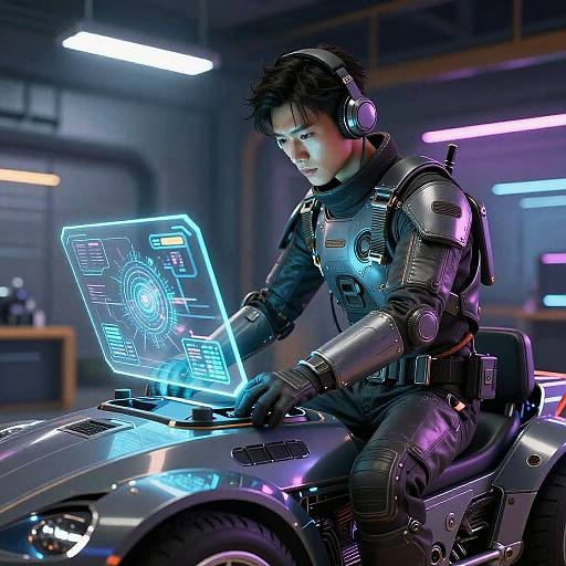 Cyberpunk soldier in futuristic armor and headphones, focusing on a glowing blue holographic interface on a high-tech motorcycle in a neon-lit, industrial