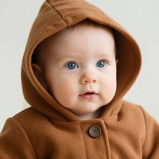 Photograph of a cute baby with blue eyes, wearing a brown hooded fleece jacket, against a plain white background.