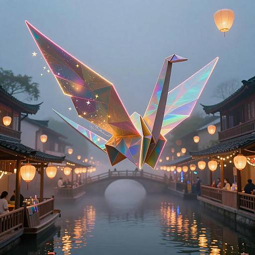 Dreamlike Neon Origami Crane in Market