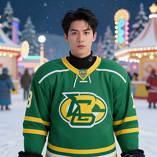 Photorealistic CGI of an Asian male hockey player in a green and yellow jersey with 