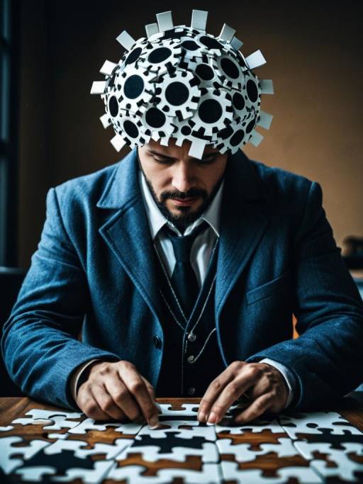 Man Wearing Dynamons Puzzle Evolution Helmet and Assembling Puzzle