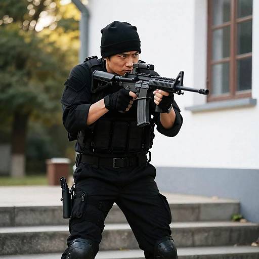 Soldier Aiming in Tactical Gear