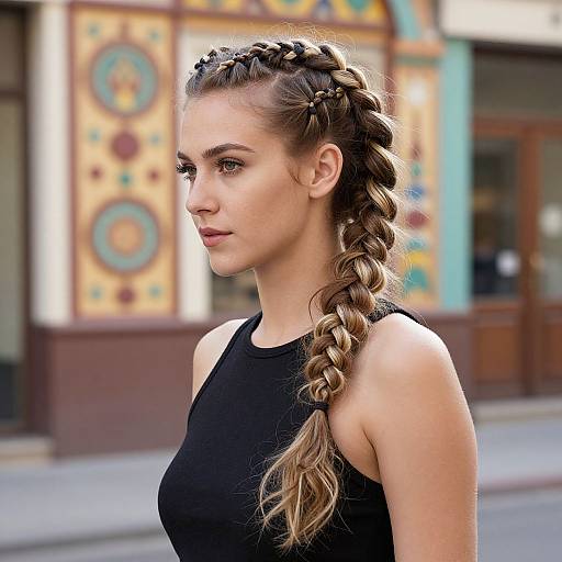 Photograph of a young woman with long, intricately braided blonde hair, wearing a black sleeveless top, standing in front of a colorful,