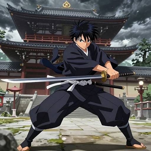 Anime-style digital illustration of a determined young ninja with spiky black hair, wearing a black gi and holding a katana, standing in a dramatic pose