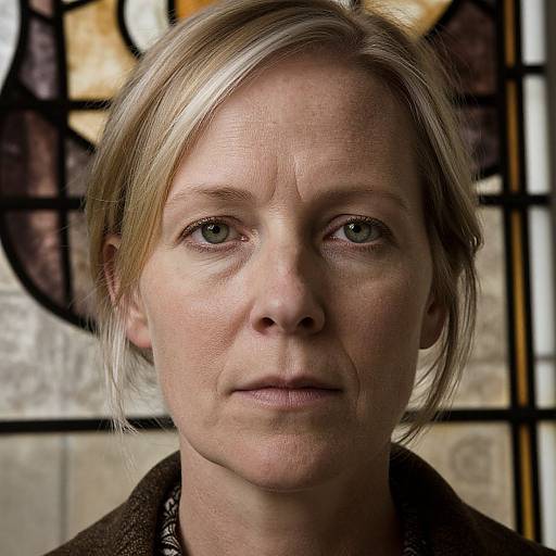 Close-up photograph of a middle-aged Caucasian woman with blonde hair, green eyes, and fair skin, wearing a brown jacket, against a stained glass background