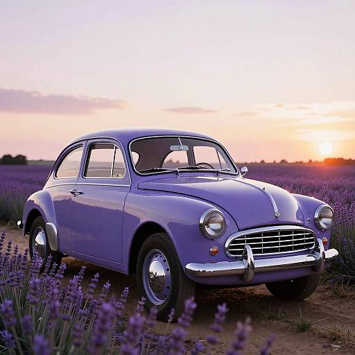 Photograph of a vintage, purple classic car with chrome accents parked in a lavender field at sunset, with a colorful sky.