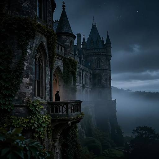 Digital fantasy artwork: Silhouetted figure on dark, gothic castle balcony overlooking misty, moonlit cliffside, with towering spires and