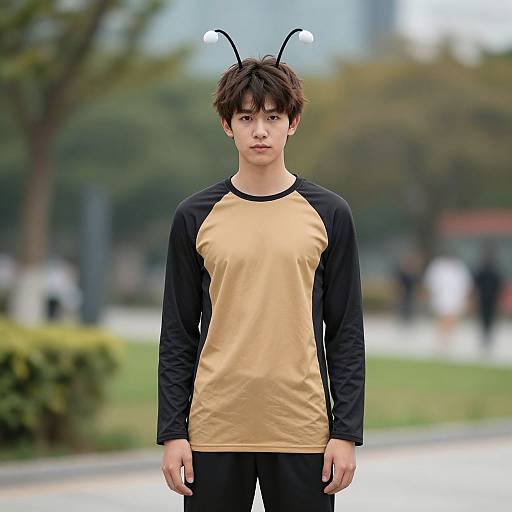 Photograph of an Asian teenage boy with black hair, wearing a black and gold long-sleeve shirt, black pants, and black antennae head