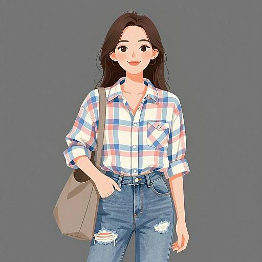 Smiling Woman in Casual Plaid Outfit