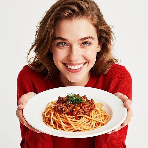 Smiling brunette woman in red sweater holding plate of spaghetti with meat sauce and parsley against white background. Photographic image.