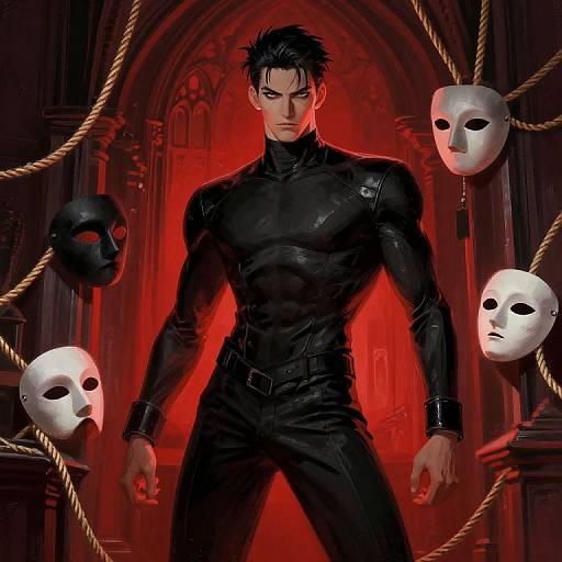 Digital illustration of a muscular, black leather-clad man with spiky black hair, standing in a red-lit Gothic archway, surrounded by white