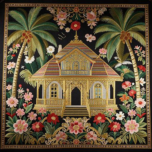 Vibrant digital illustration of an ornate, golden house surrounded by lush palm trees, colorful flowers, and intricate border patterns.
