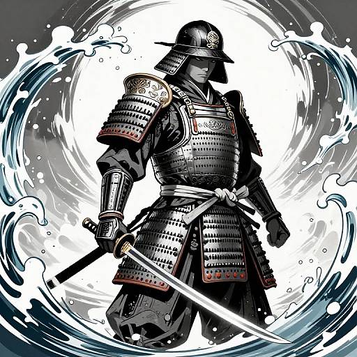 Digital drawing of a samurai in traditional armor, holding a glowing sword, surrounded by dynamic water swirls, with a white glowing background.