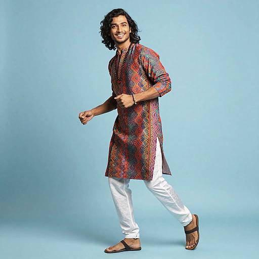 Happy Young Man in Vibrant Patterned Kurta