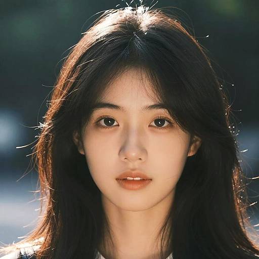 Photograph of an East Asian woman with long, dark brown hair, fair skin, and soft brown eyes, illuminated by sunlight. Blurred greenery