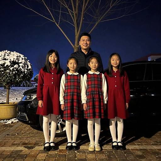 Nighttime Family Photo with Snowy Background