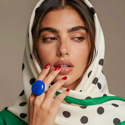 Woman with Polka Dot Headscarf and Blue Ring