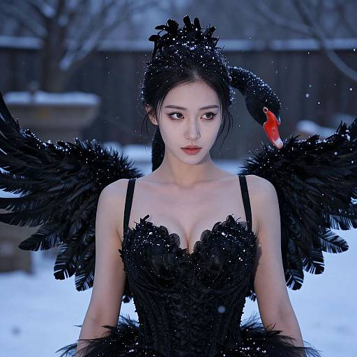 Photograph of an Asian woman with pale skin in a black feathered, snow-dusted dress, standing in a snowy garden. Her black hair is